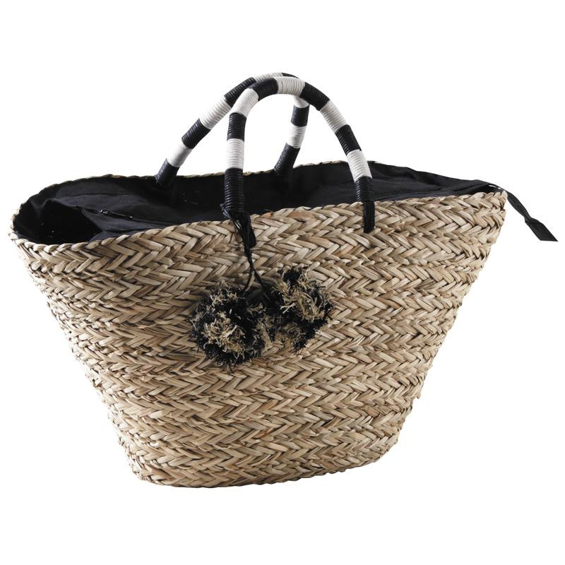 Couffin en jonc naturel et corde teintée avec pompons Couffin en jonc naturel et corde teintée avec pompons