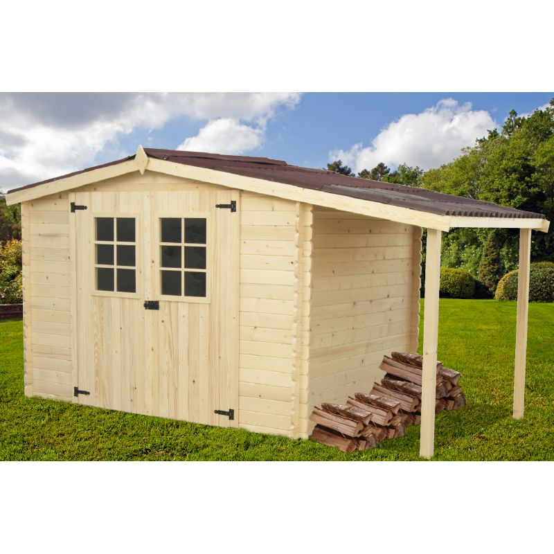 Abri de jardin avec bûcher madriers massifs 28 mm, sans plancher (9,49 m²) Abri de jardin avec bûcher madriers massifs 28 mm, sans plancher (9,49 m²)